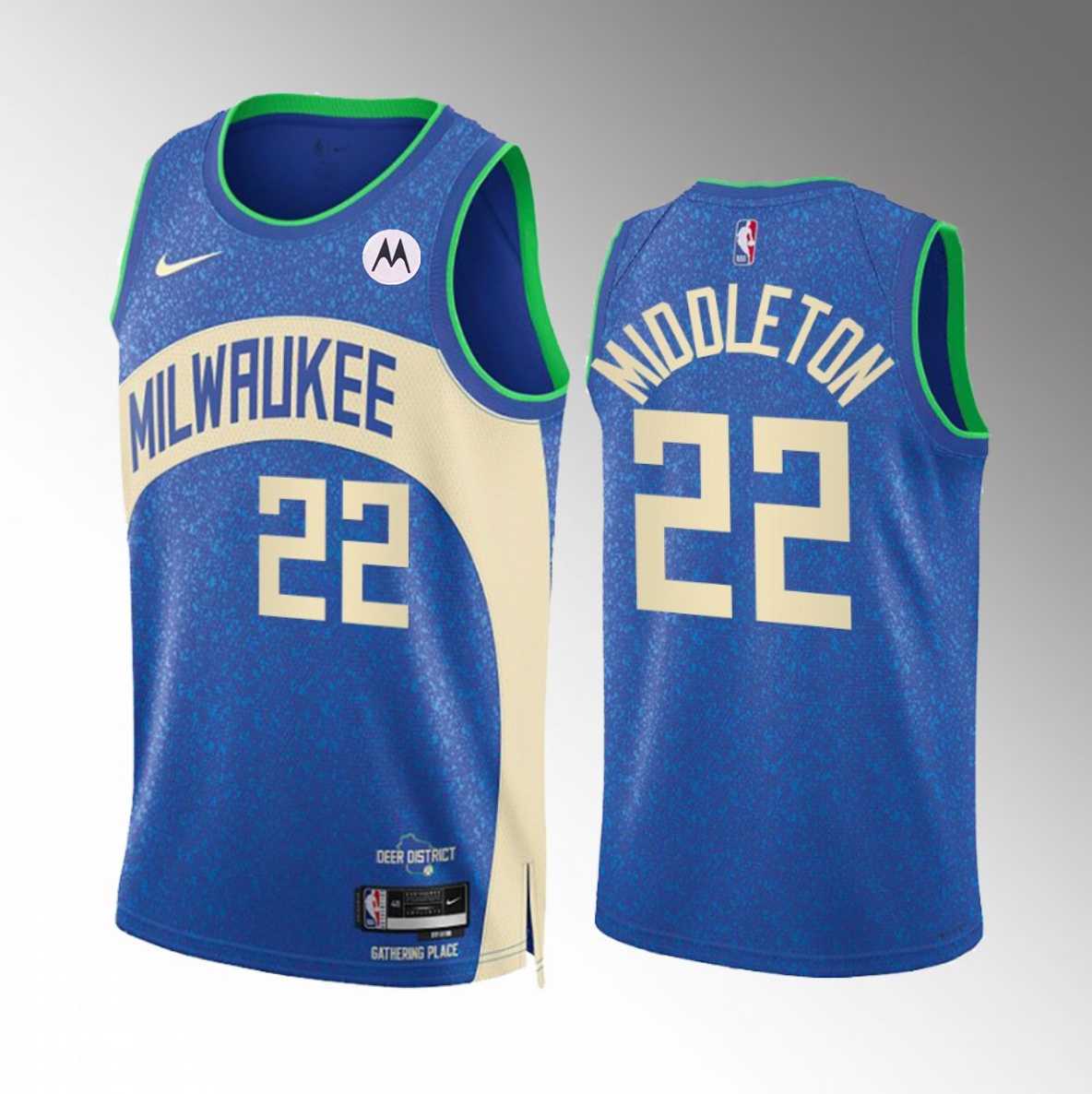 Men%27s Milwaukee Bucks #22 Khris Middleton Blue 2023-24 City Edition Stitched Basketball Jersey Dzhi->milwaukee bucks->NBA Jersey